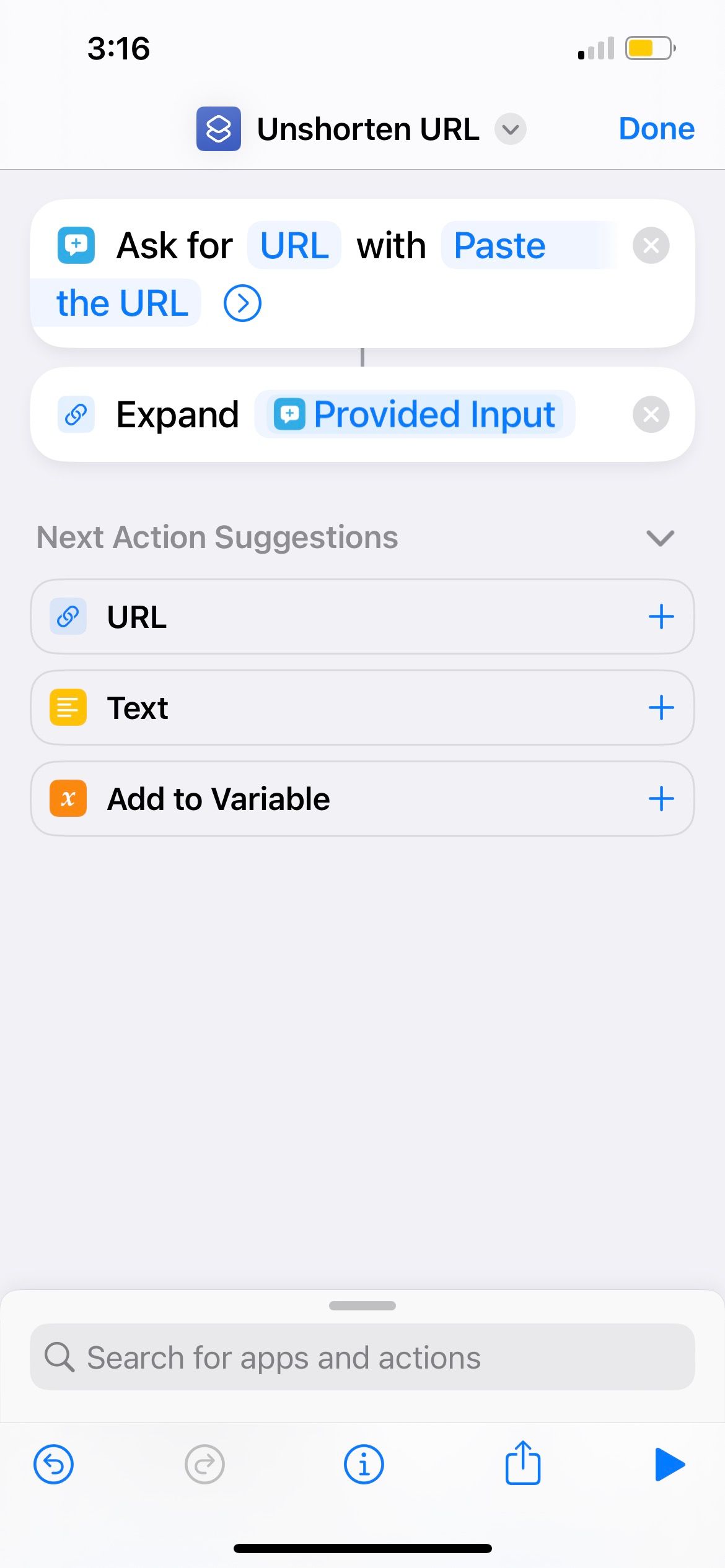 iphone shortcut showing two added actions