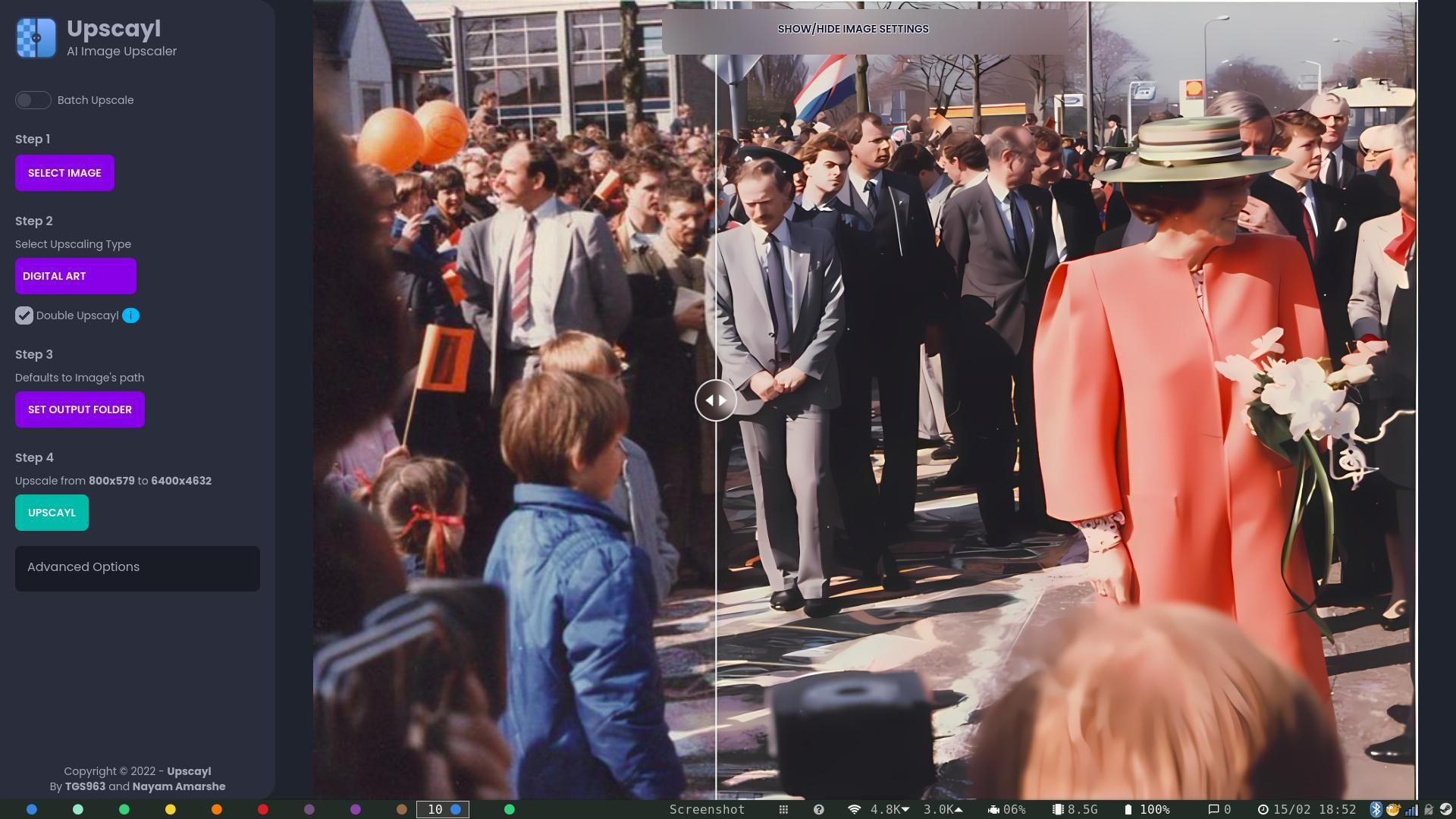 Upscayl interface showing Queen Beatrix of the Netherlands in 1986