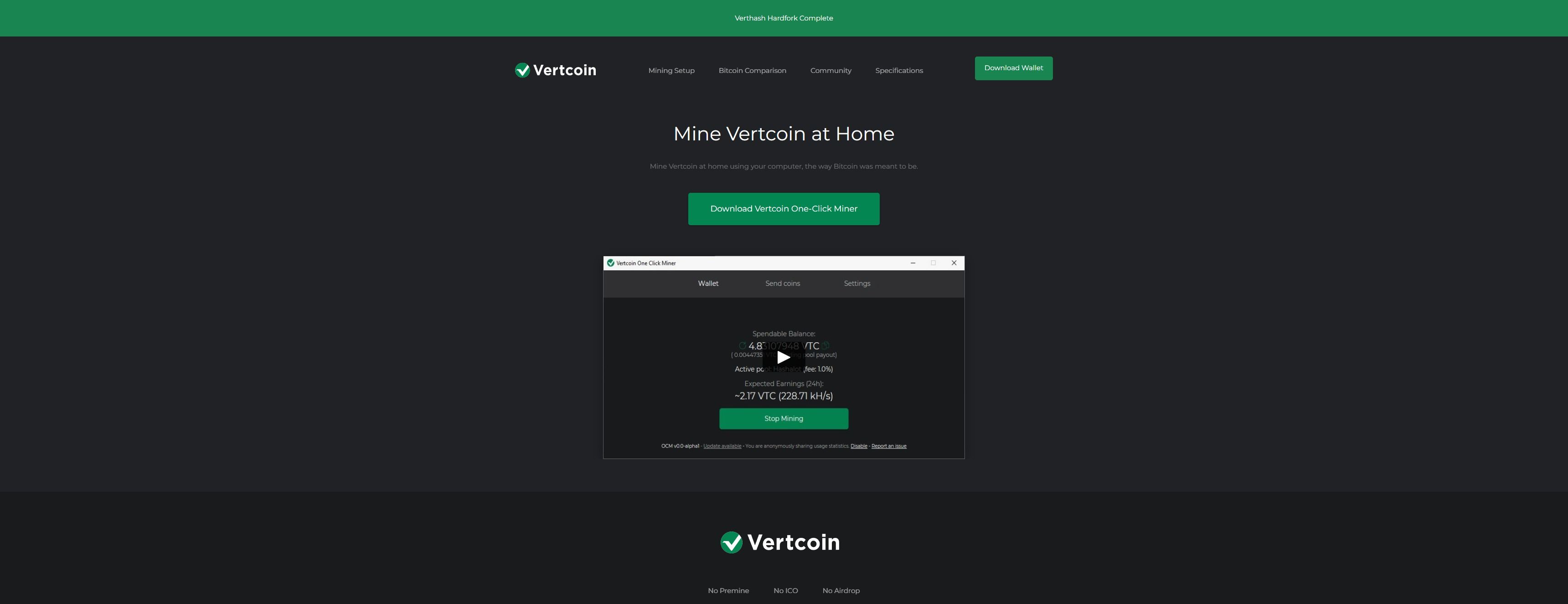 Screenshot of Vertcoin's home page