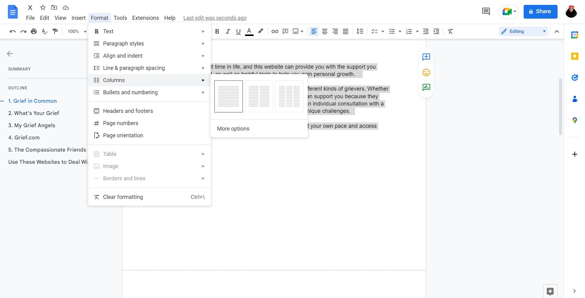 Adding columns in Google Docs