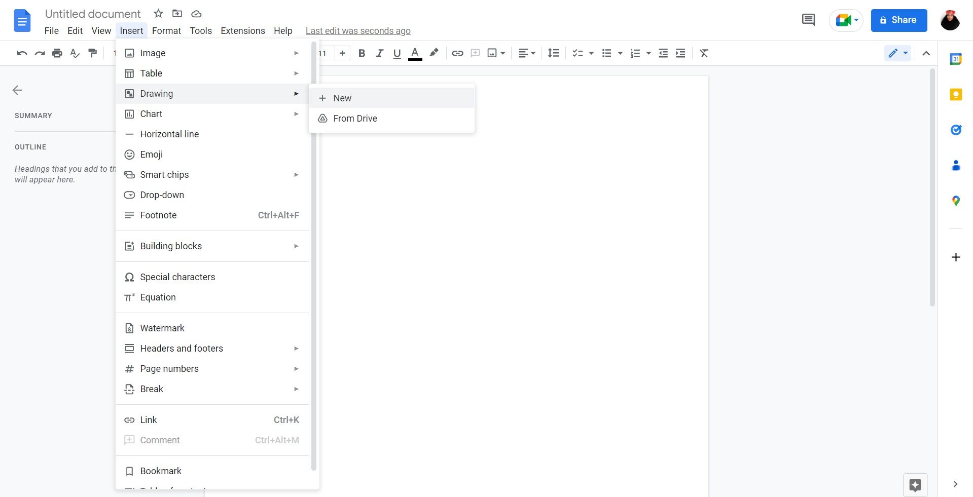 Clicking on the Drawing option from the Insert menu in Google Docs