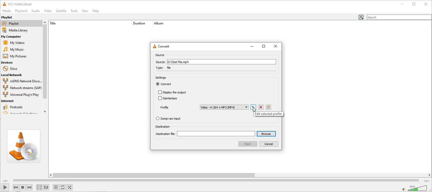 A Screenshot of VLC s Convert Settings