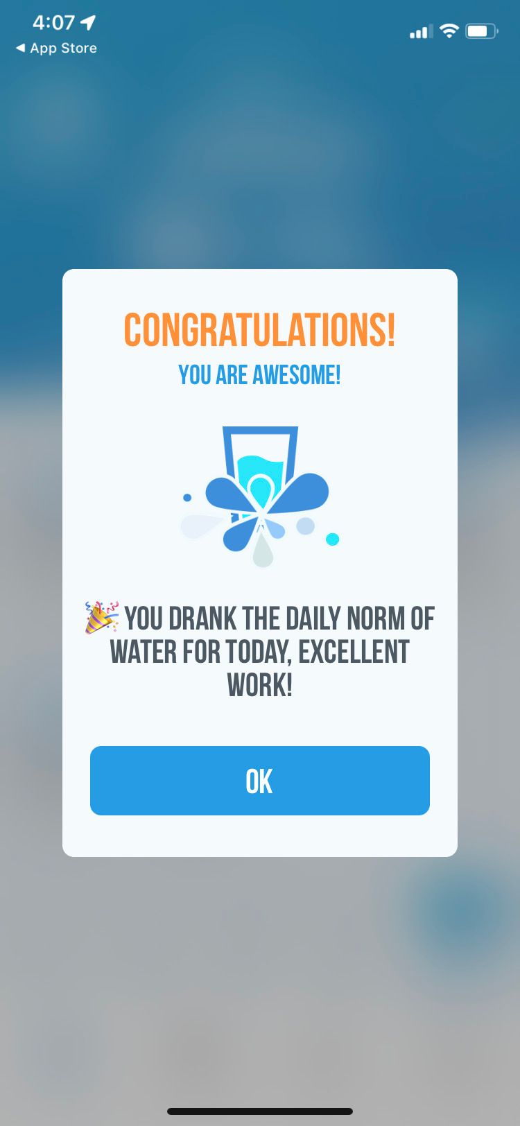 Water Reminder - Daily Tracker congraulations screen