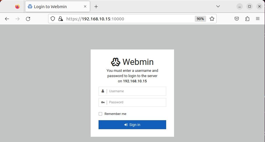 webmin dashboard login page