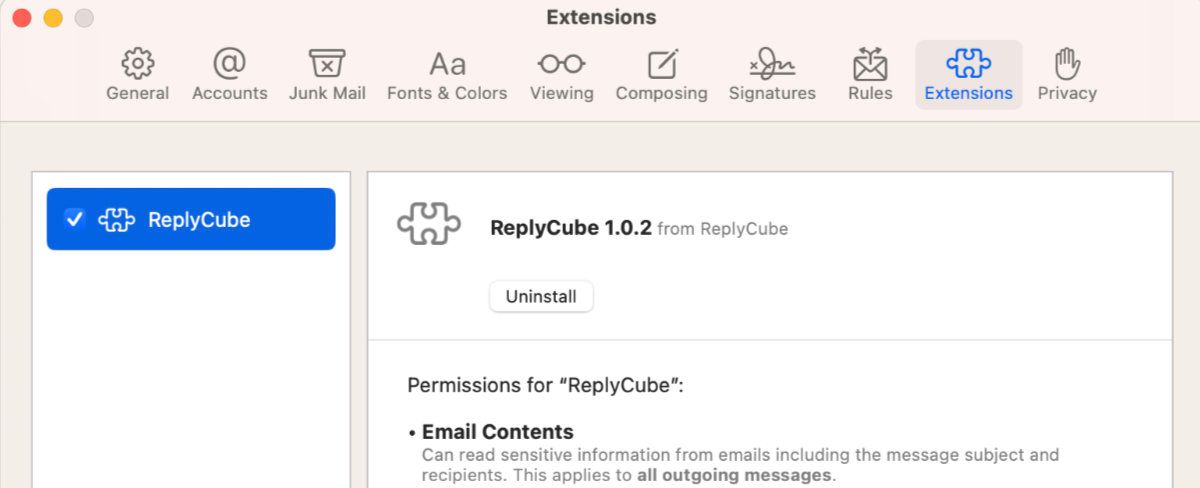 Enabling an Apple Mail extension