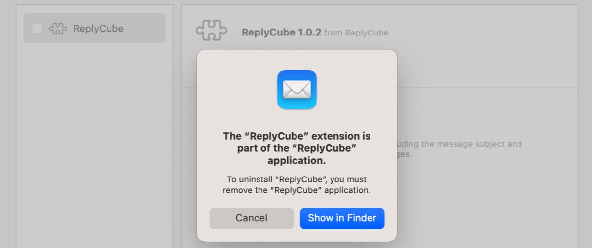 Uninstall prompt for Apple Mail extension