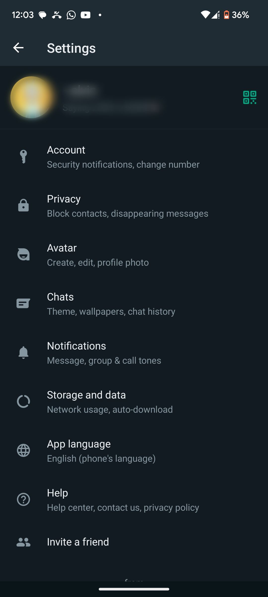 WhatsApp settings page on Android