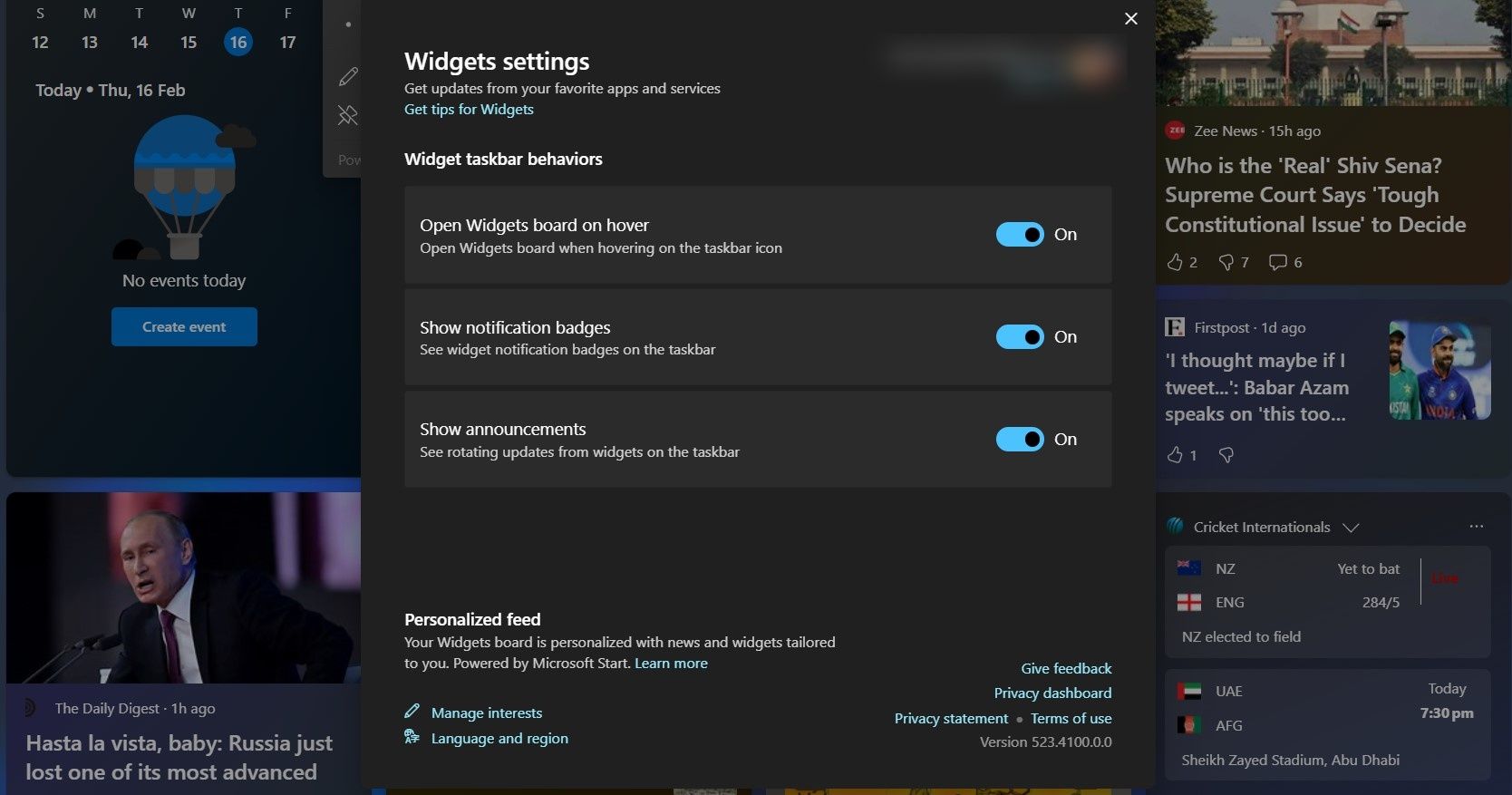 Widgets Settings in Windows 11