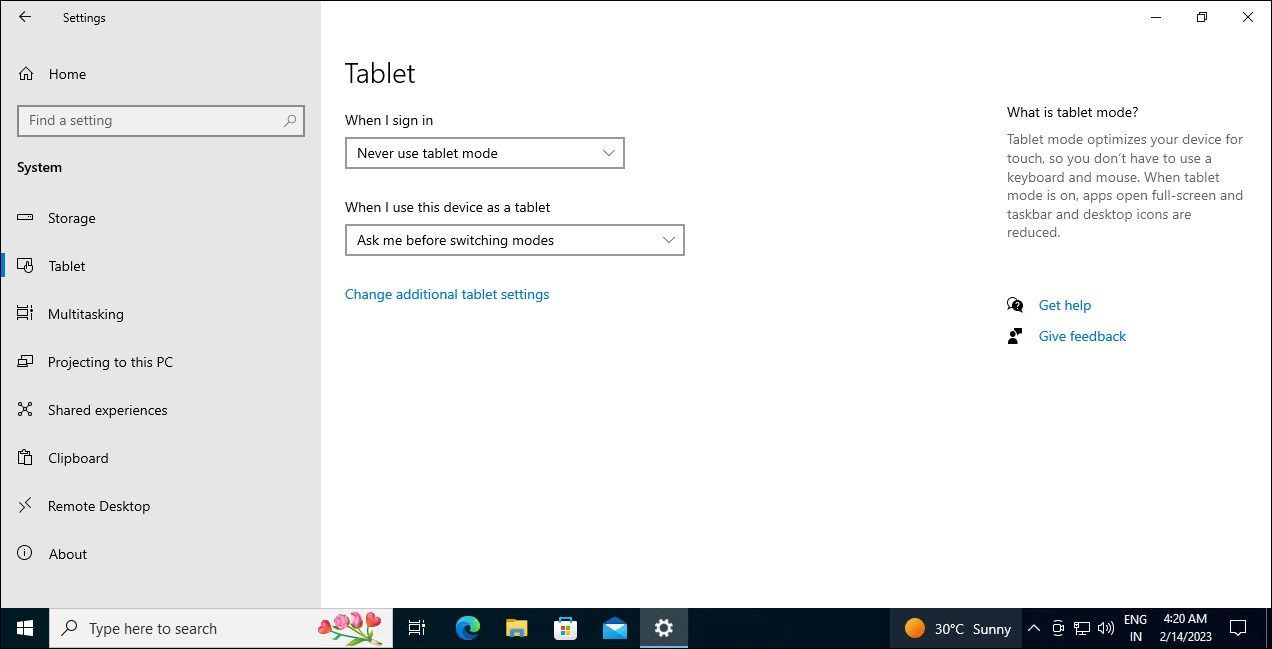 windows 10 tablet mode configuration