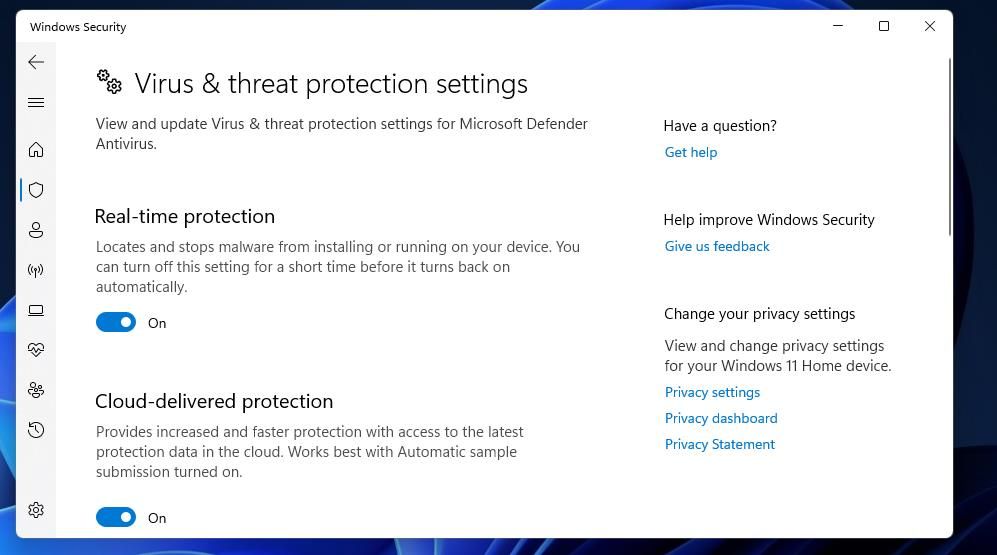 The Real-time protection setting in the Windows Security app 