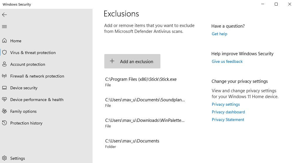 Windows Security's app exclusion settings
