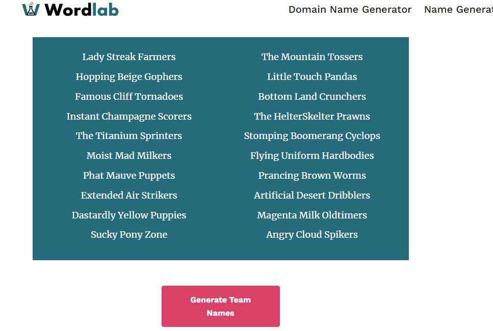 wordlab team name generator screenshot