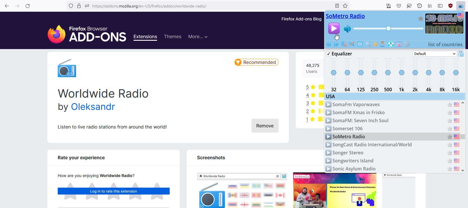 A Screenshot of the Worldwide Radio Firefox Add on 