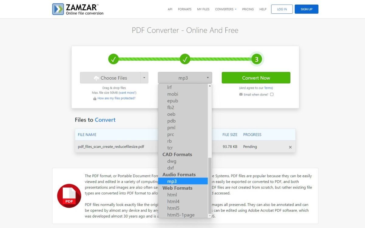 A screenshot of the Zamzar PDF Converter page
