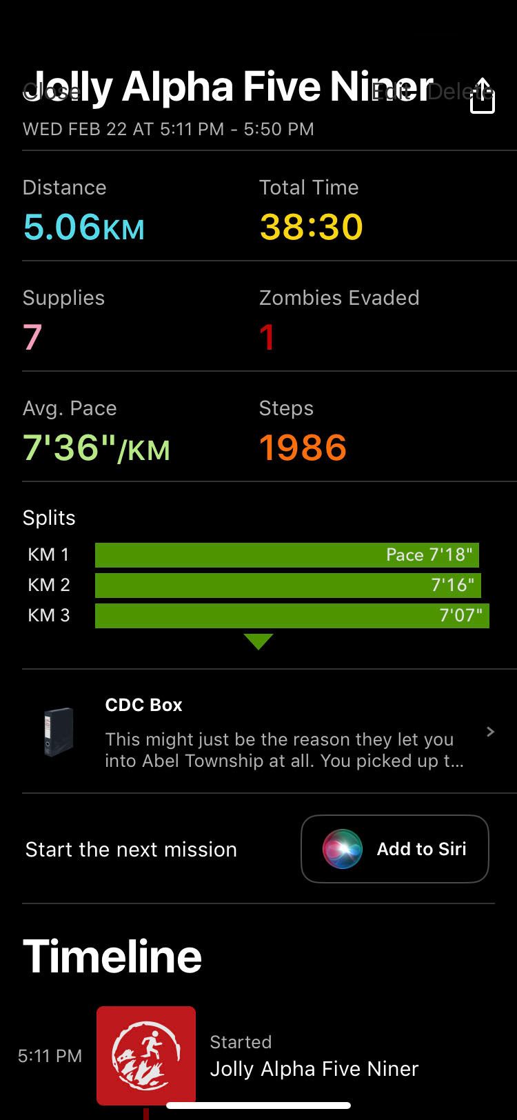 Zombies Run app completed run screen
