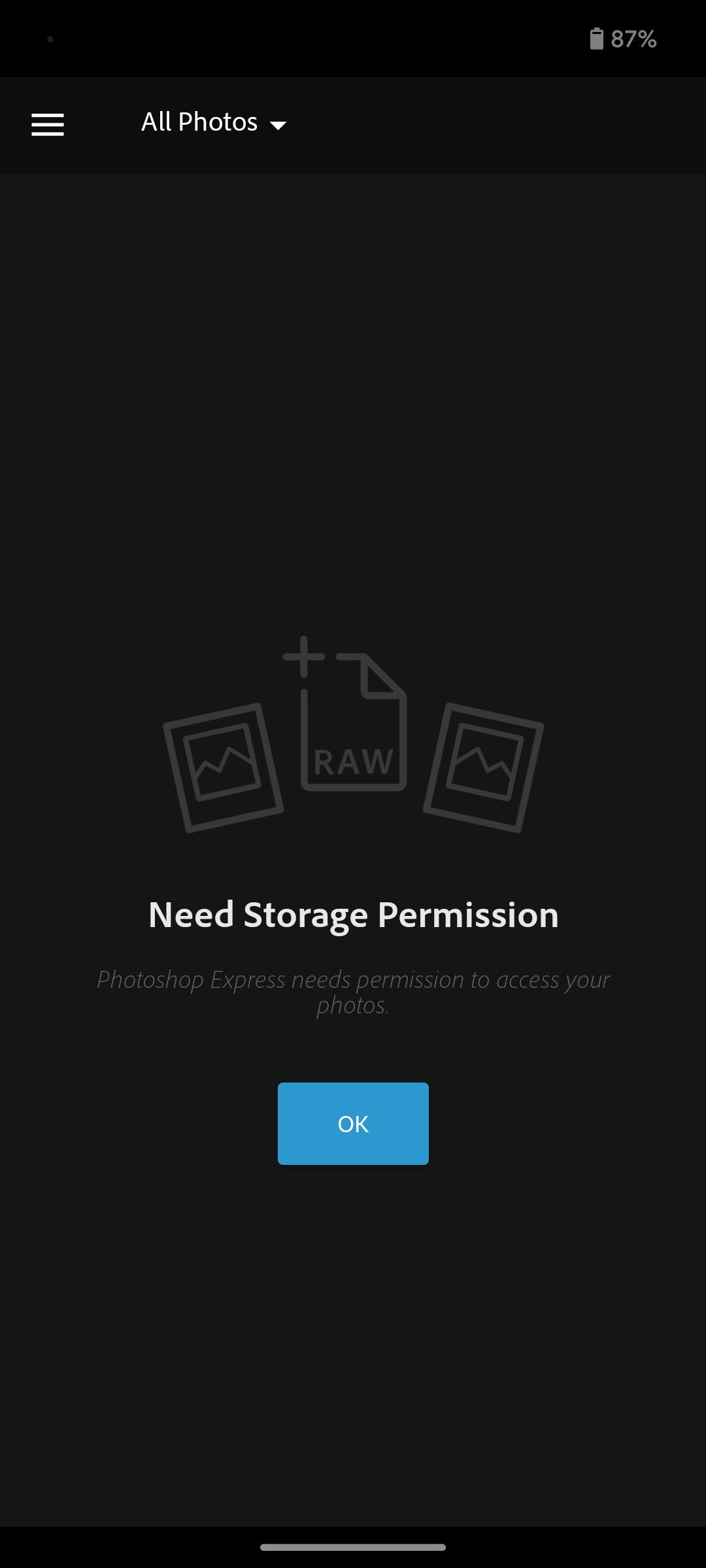 PhotoShop Express Photo Editor app on Android with no media permissions granted