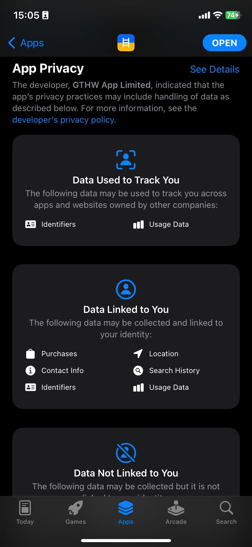 Privacy section of apps in the Apple App Store