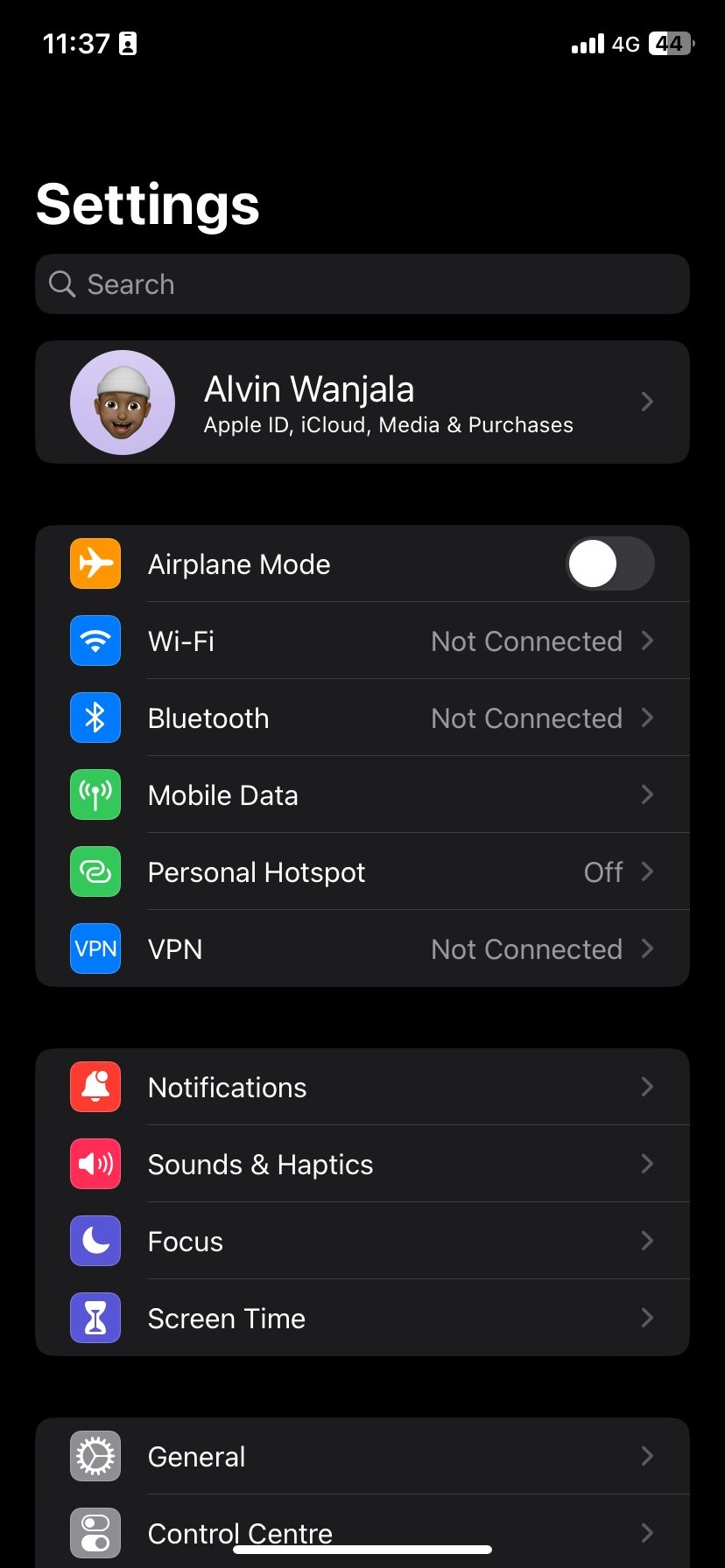 iPhone Settings page