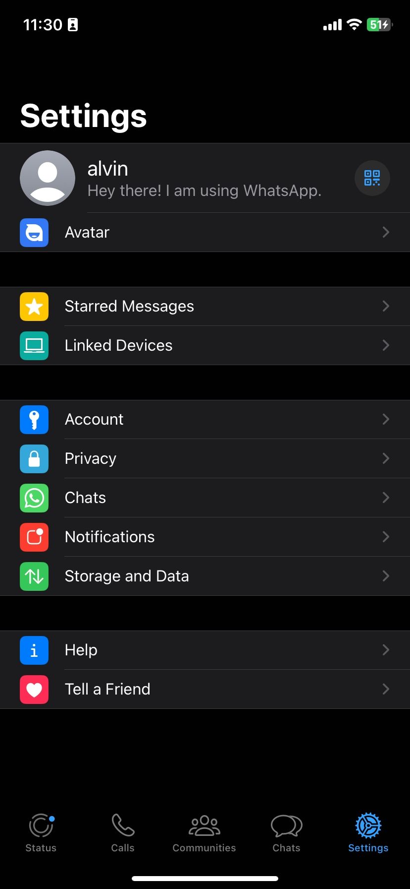 صفحه تنظیمات WhatsApp در iOS