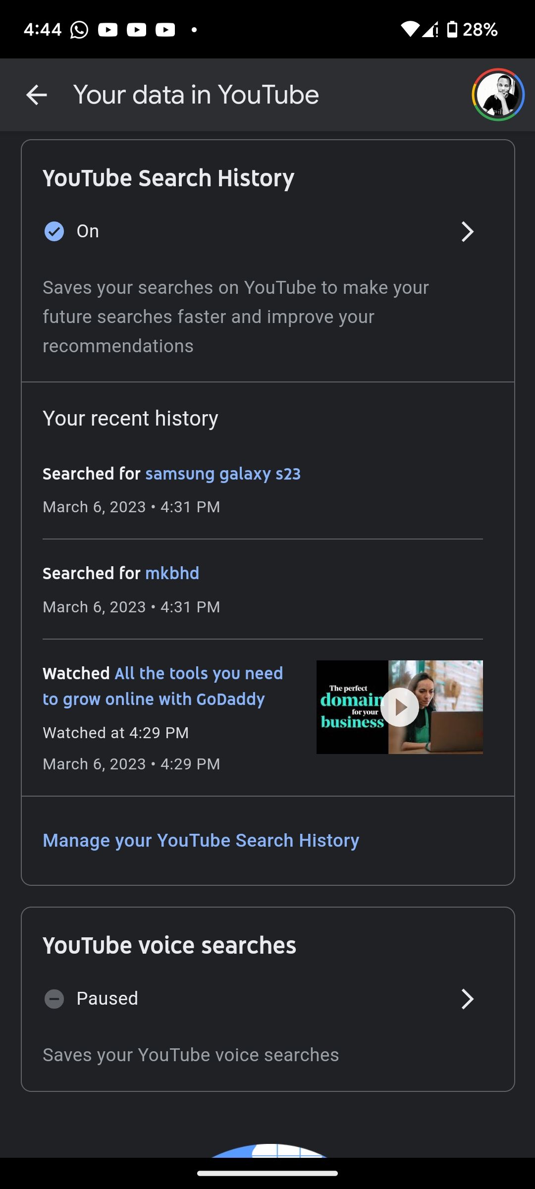 YouTube search history settings page on Android