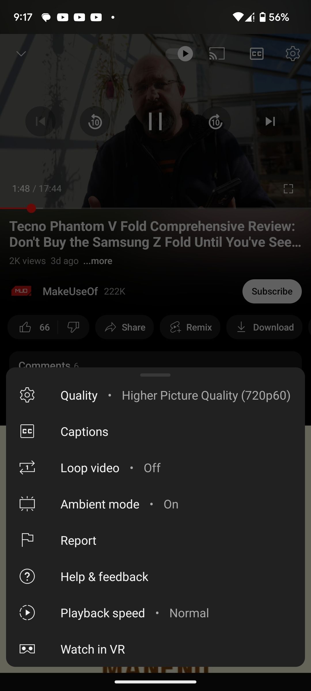 YouTube settings pop-up for current video