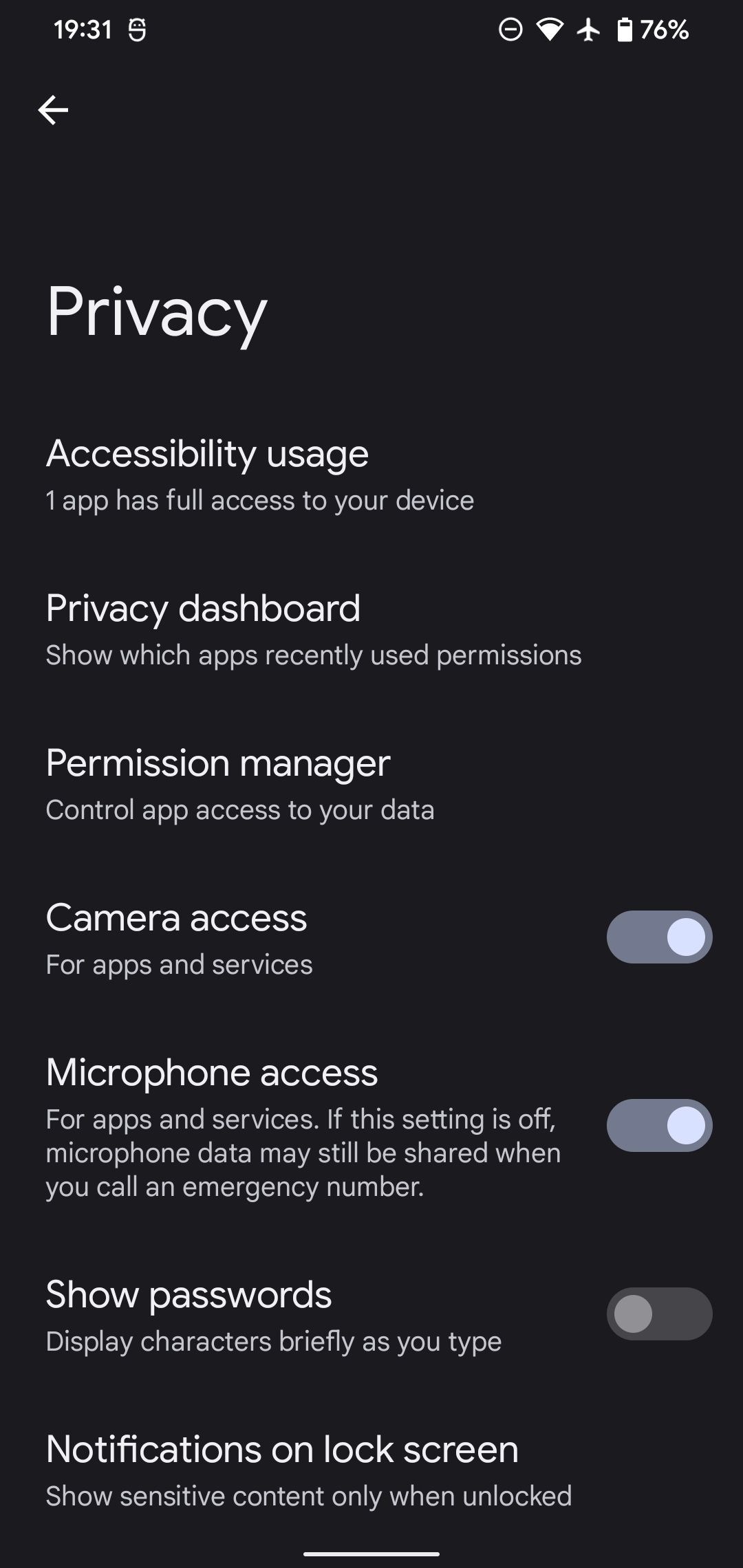Android Privacy Settings Page