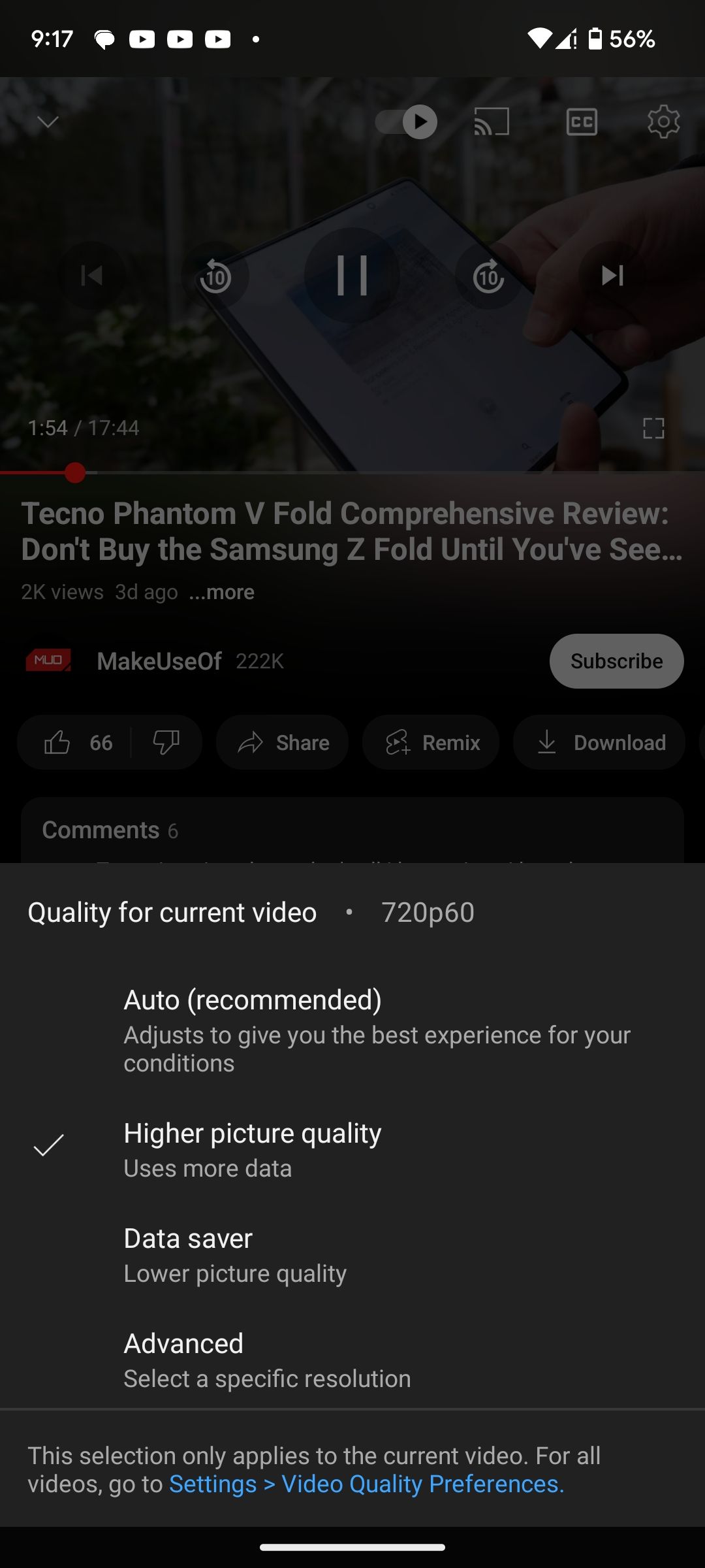 YouTube quality settings on Android
