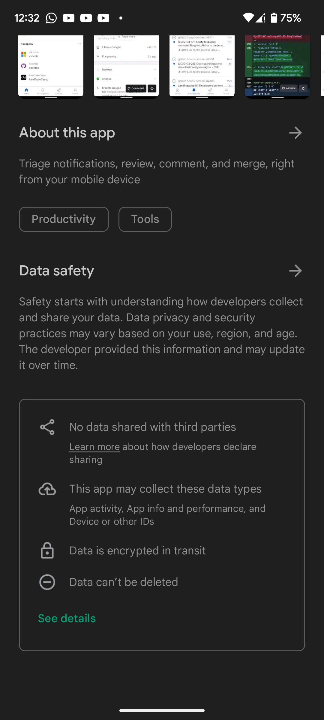 App listing page showing Data safety section in Google Play Store