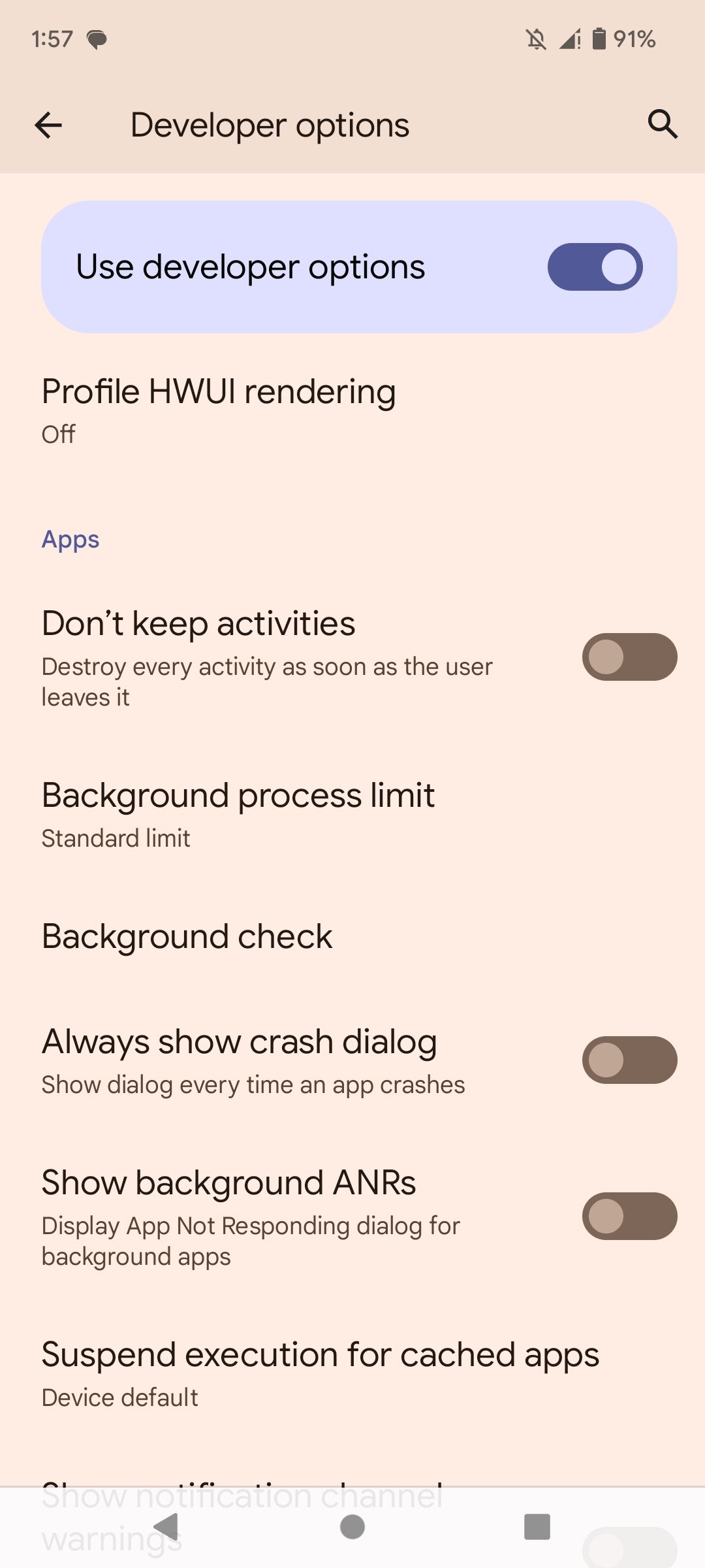App settings section in Android Developer options