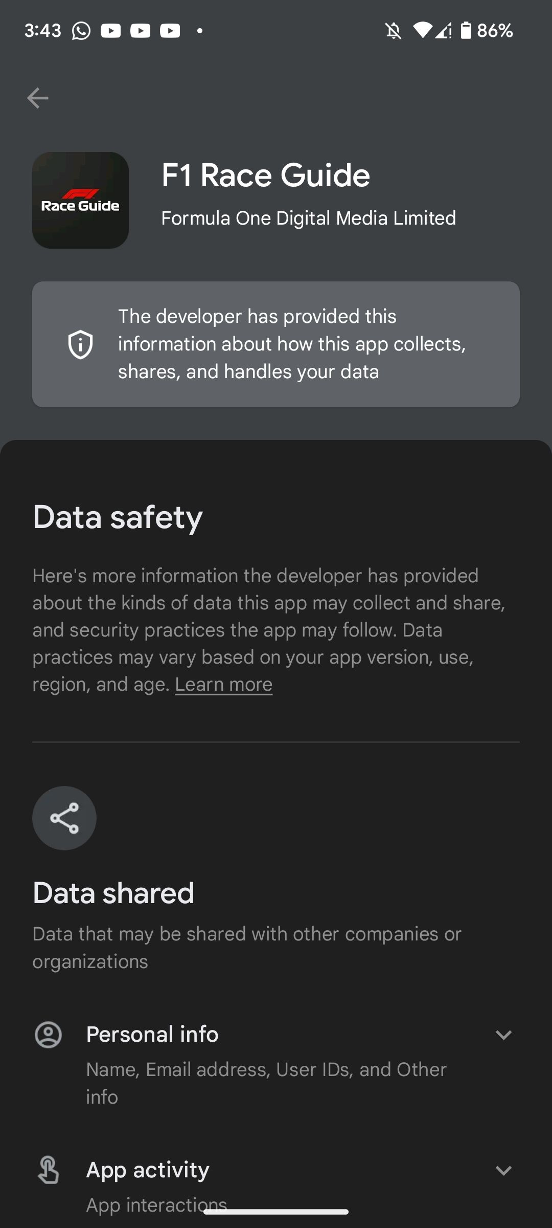 Data security detailed page in the Google Play Store