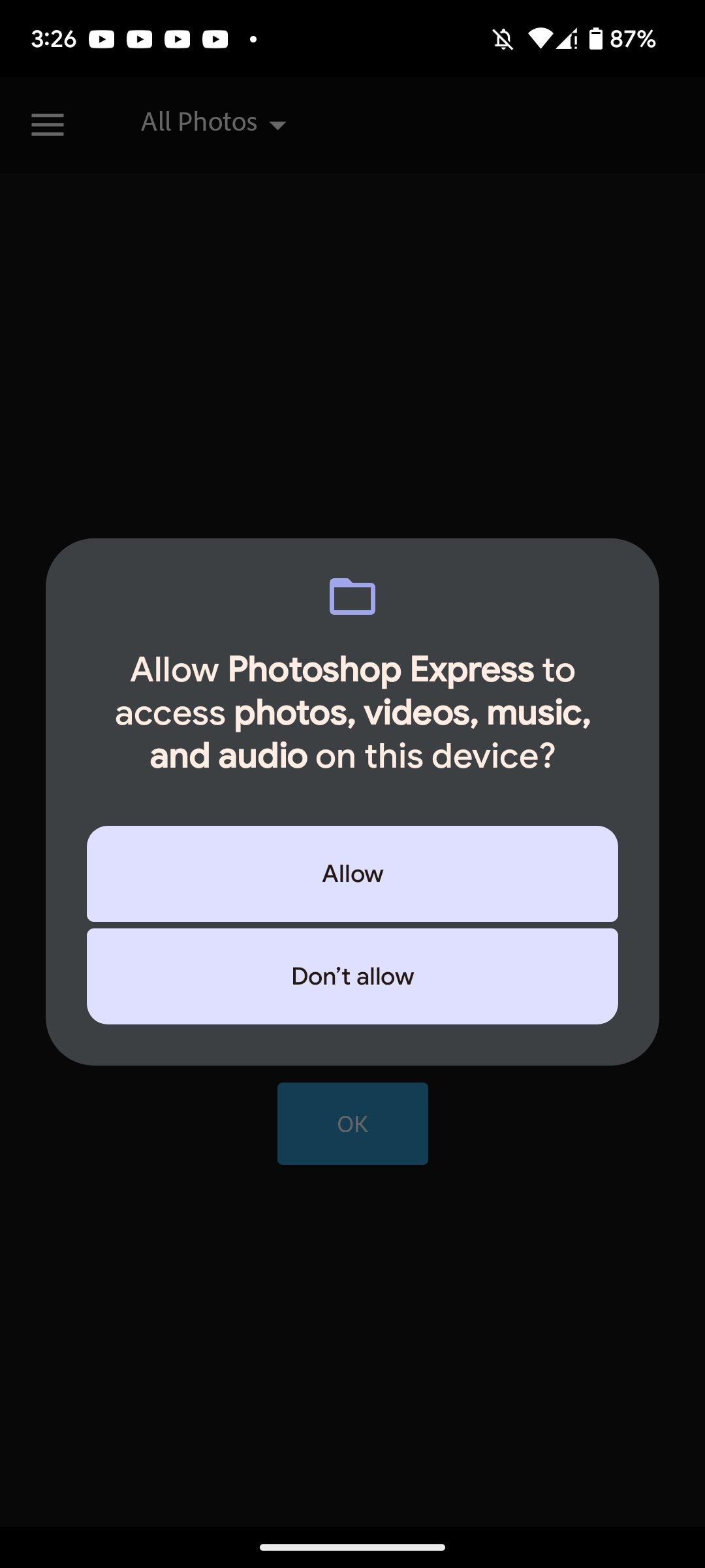 Granting media permissions to PhotoShop Express Photo Editor app on Android