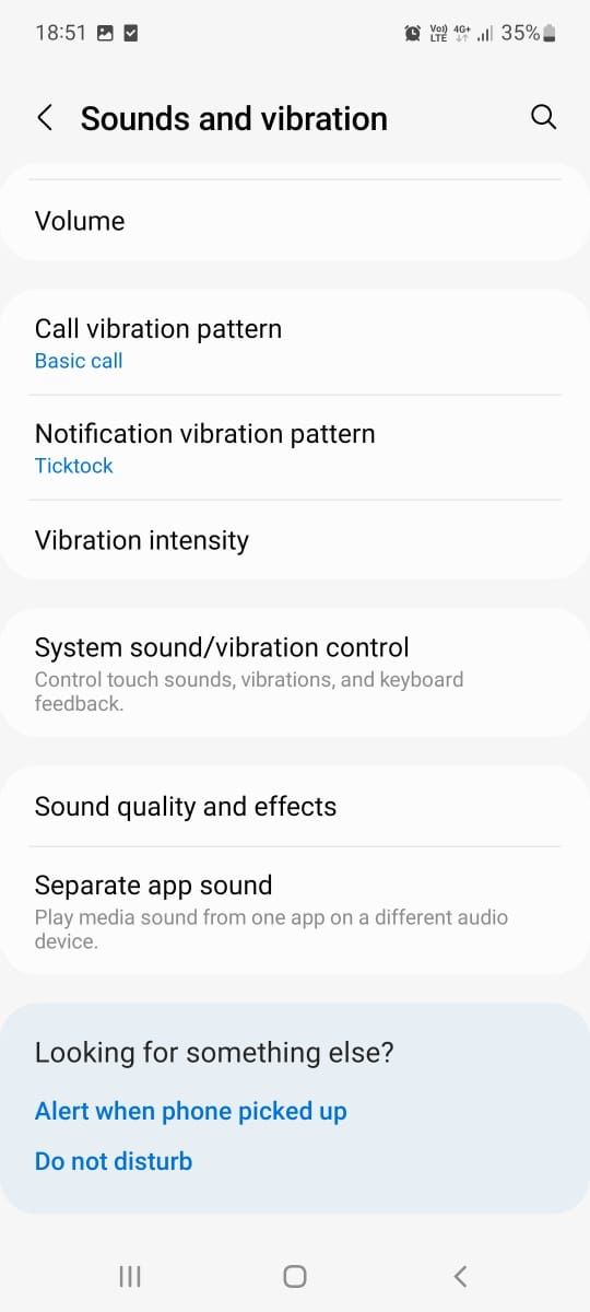 Sounds and vibration settings page on Samsung phones