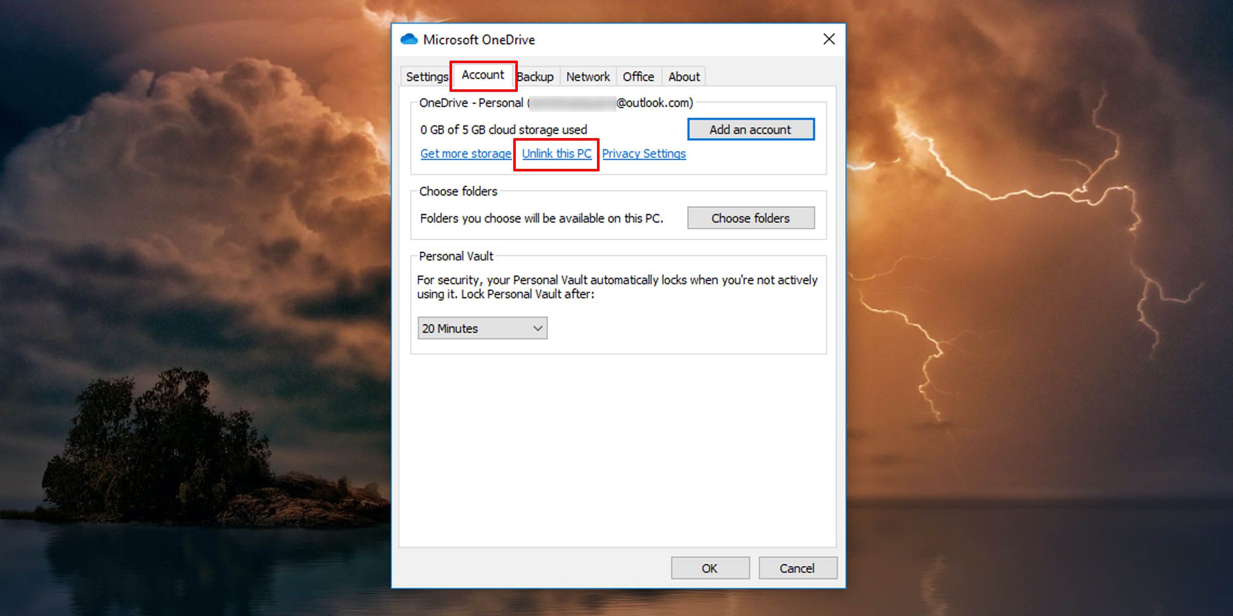 Membatalkan tautan OneDrive di Windows 10