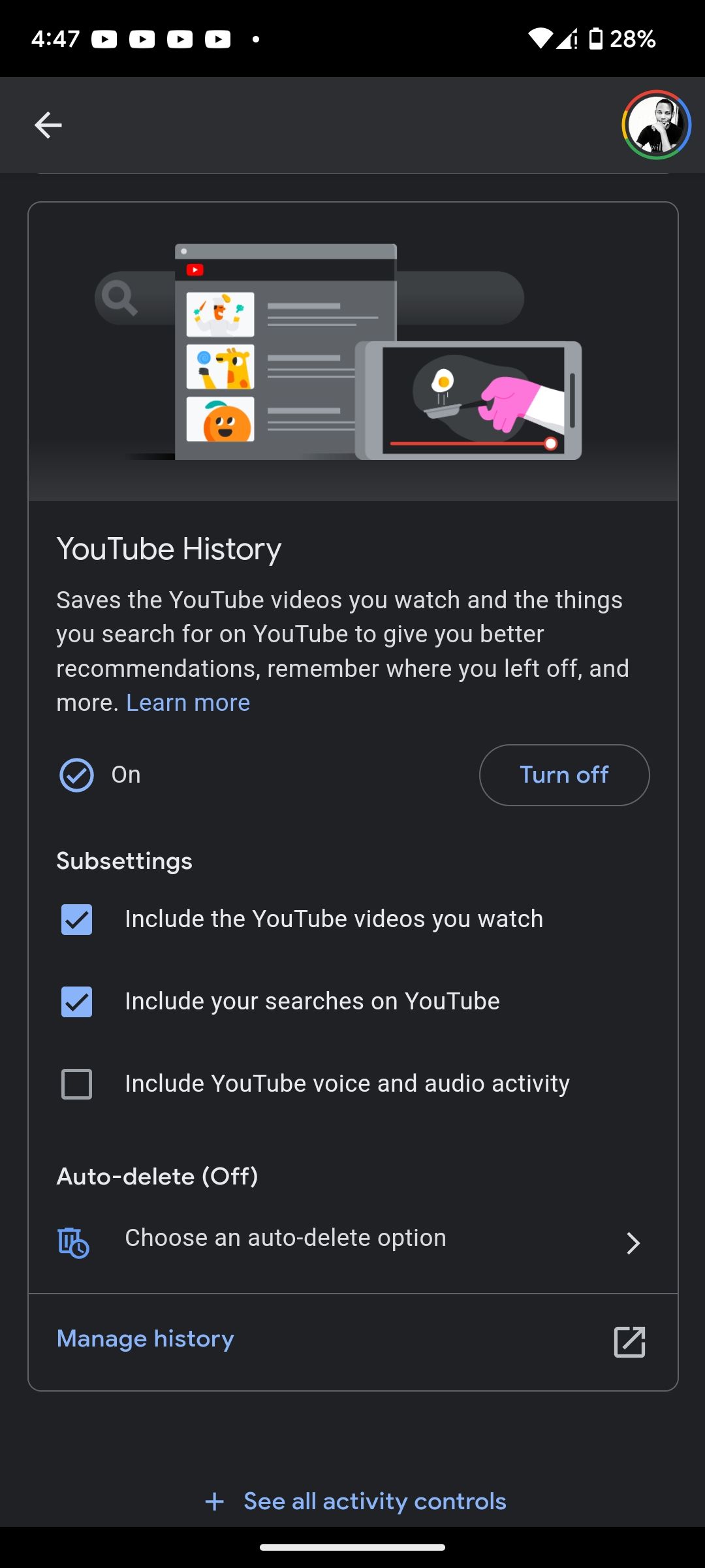 YouTube History settings options 
