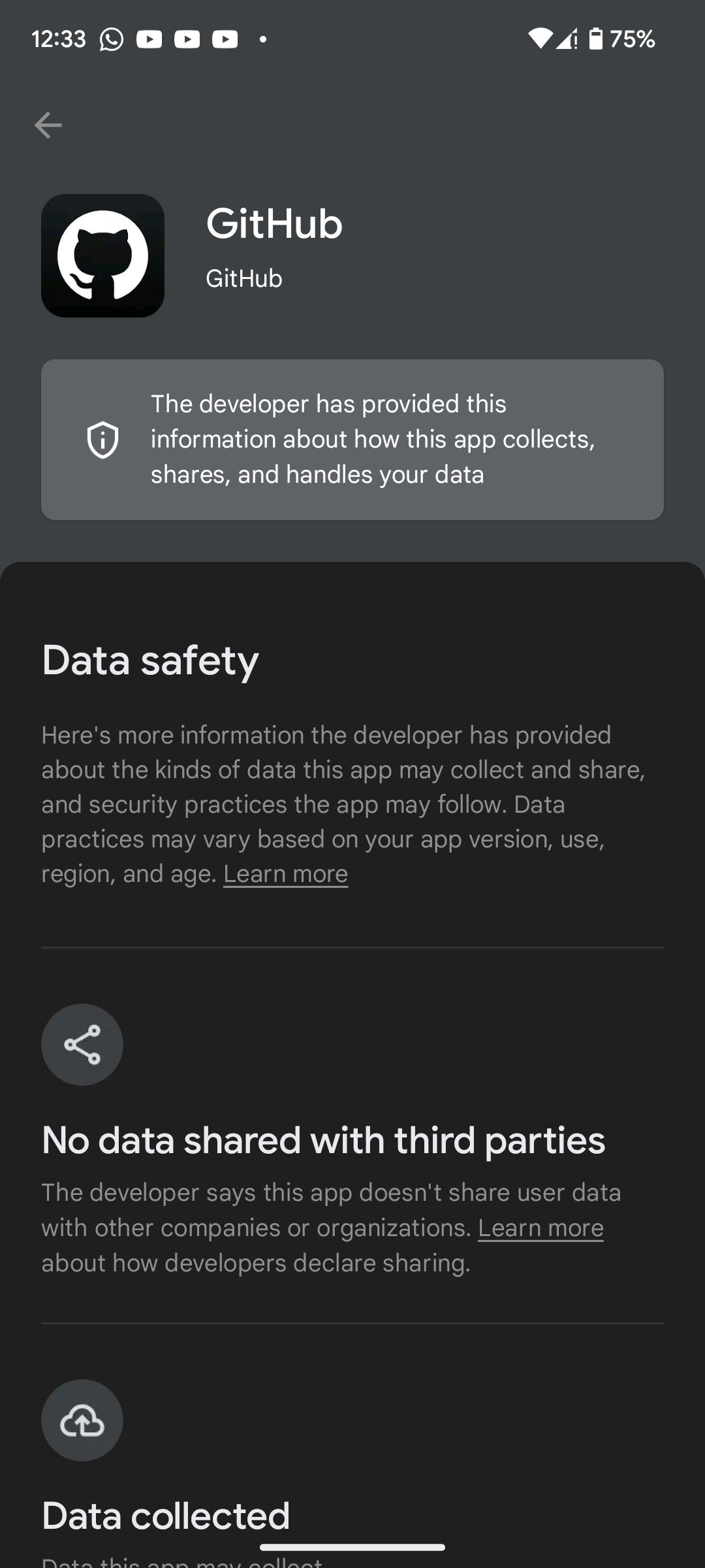 Data safety details page for GitHub's mobile app on Android