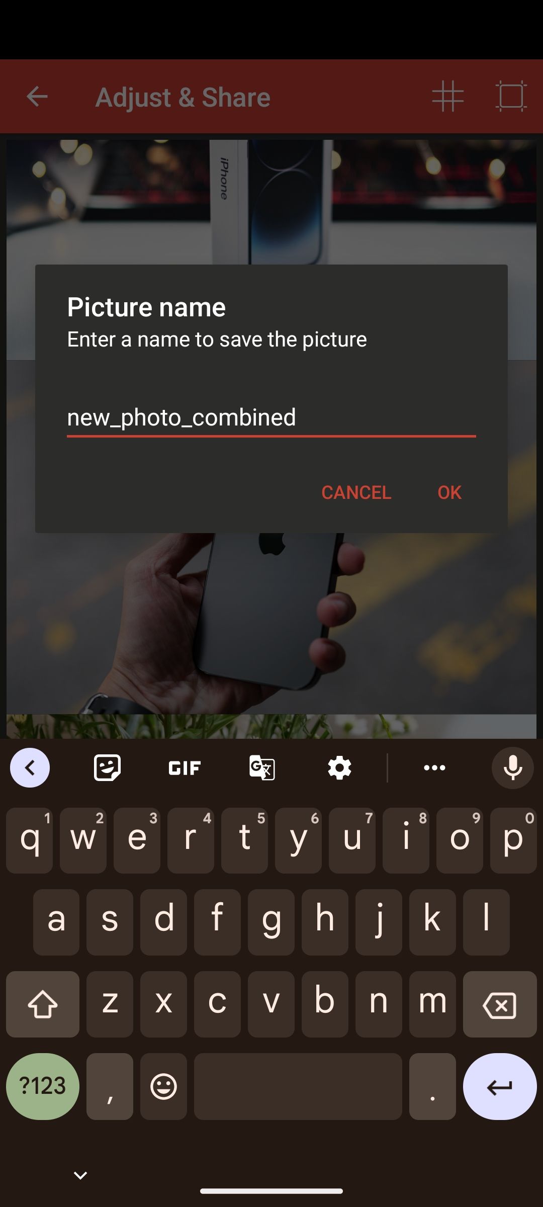 Editing image file name to save after combining images in Image Combiner app
