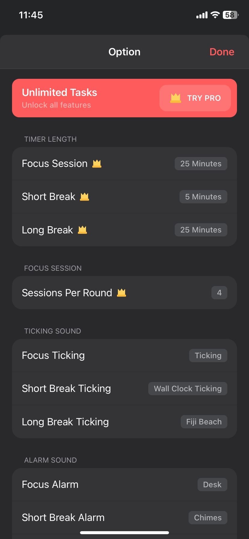 Focus Keeper app settings page