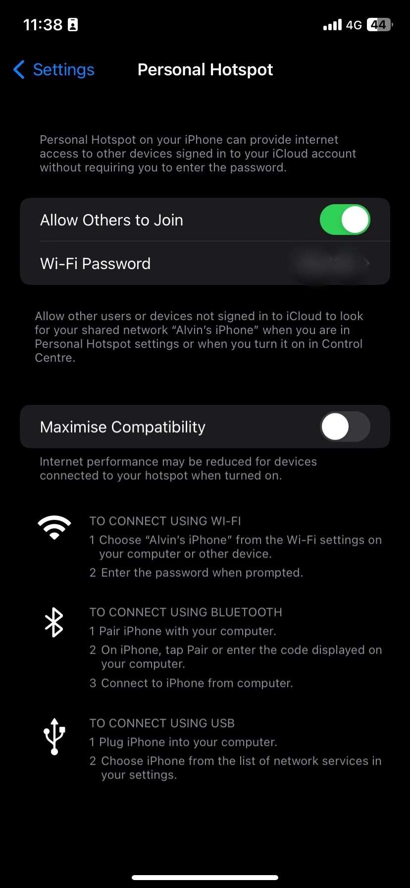 iPhone with Mobile Hotspot enabled