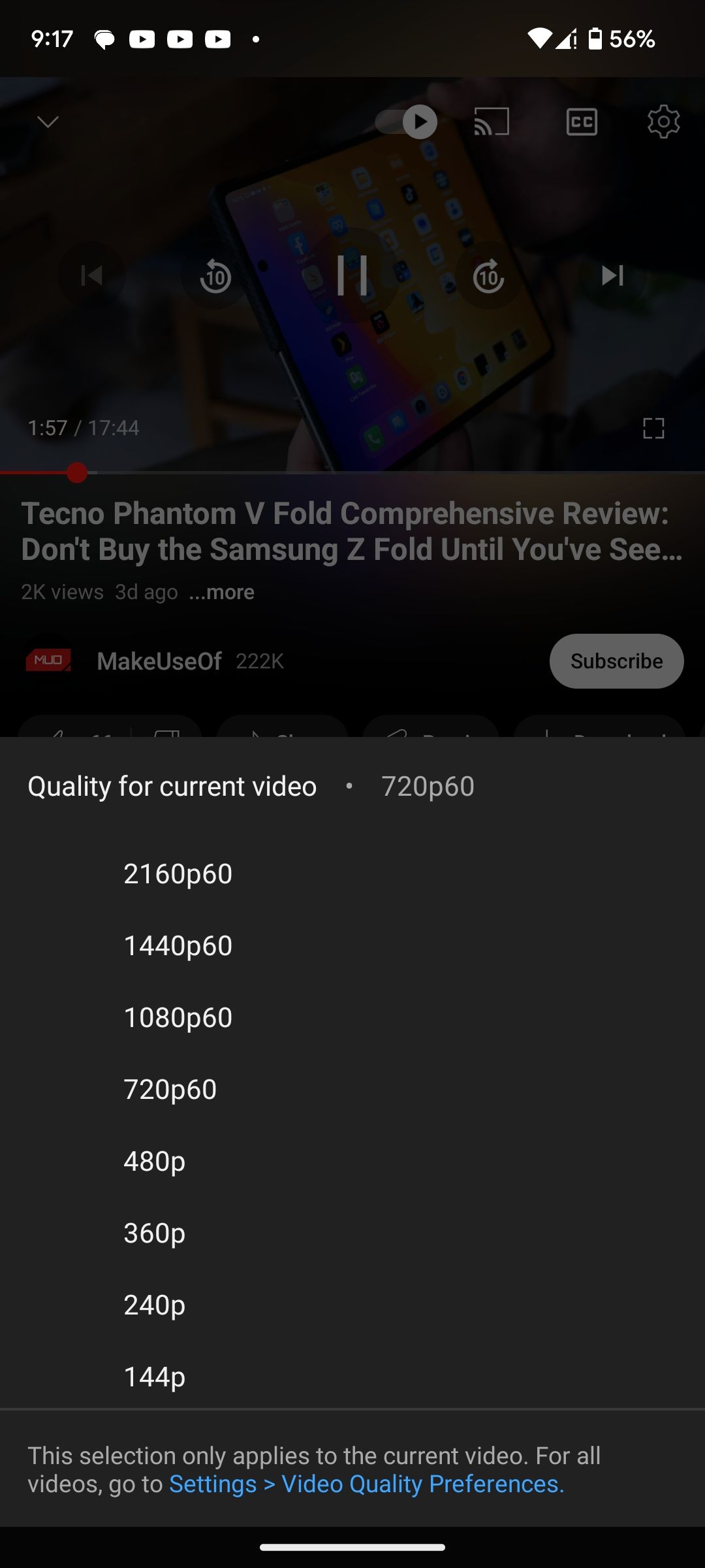 YouTube resolution options on mobile