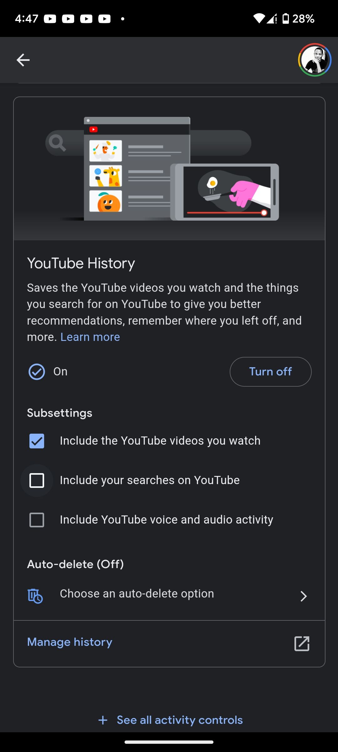 YouTube search history disabled