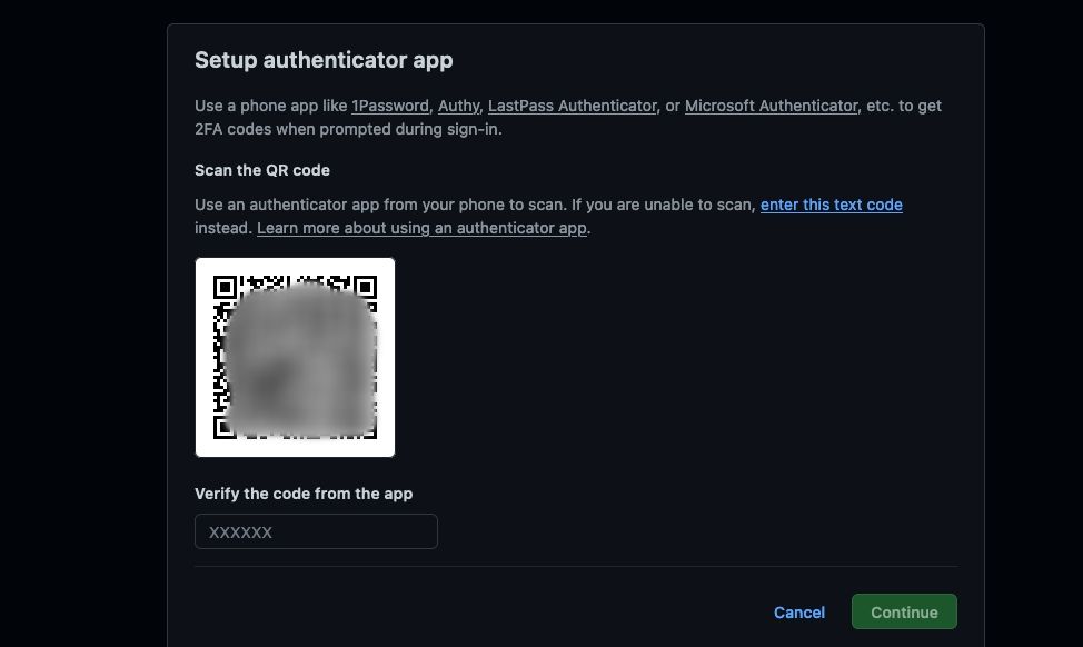 کد QR برای راه اندازی 2FA در GitHub
