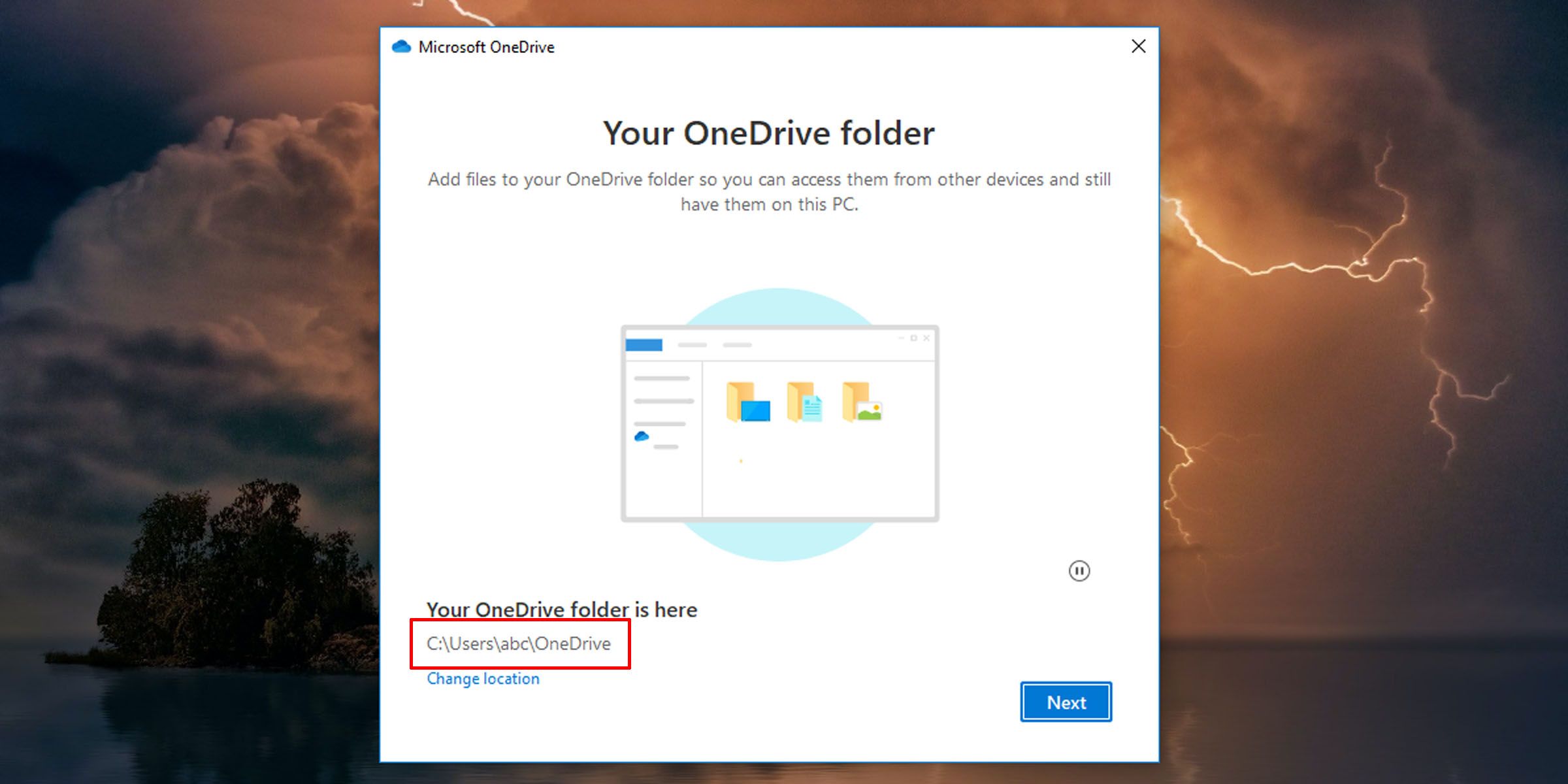 Pilih lokasi OneDrive di PC