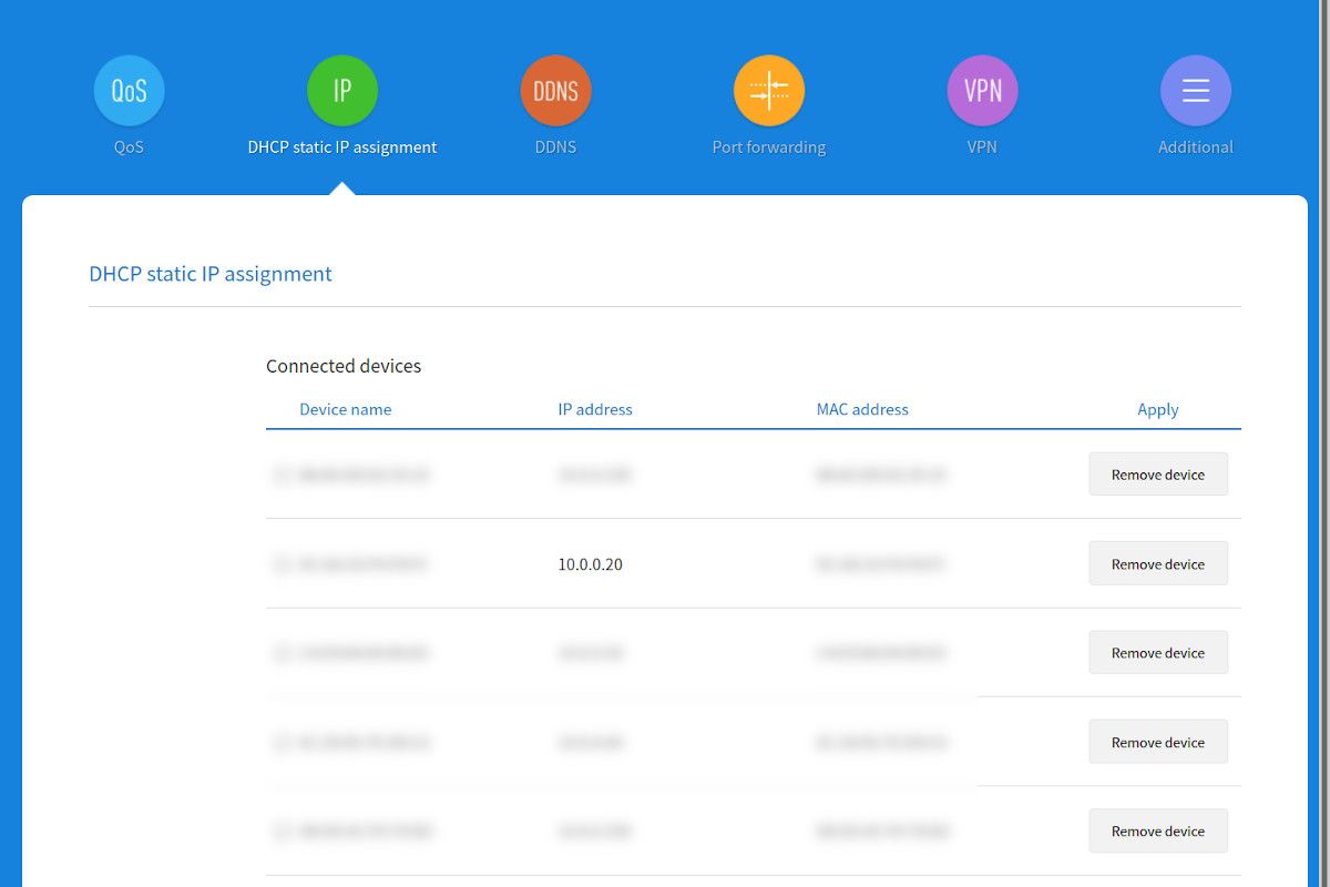 صفحه روتر که رزرو تخصیص IP استاتیک DHCP را نشان می دهد