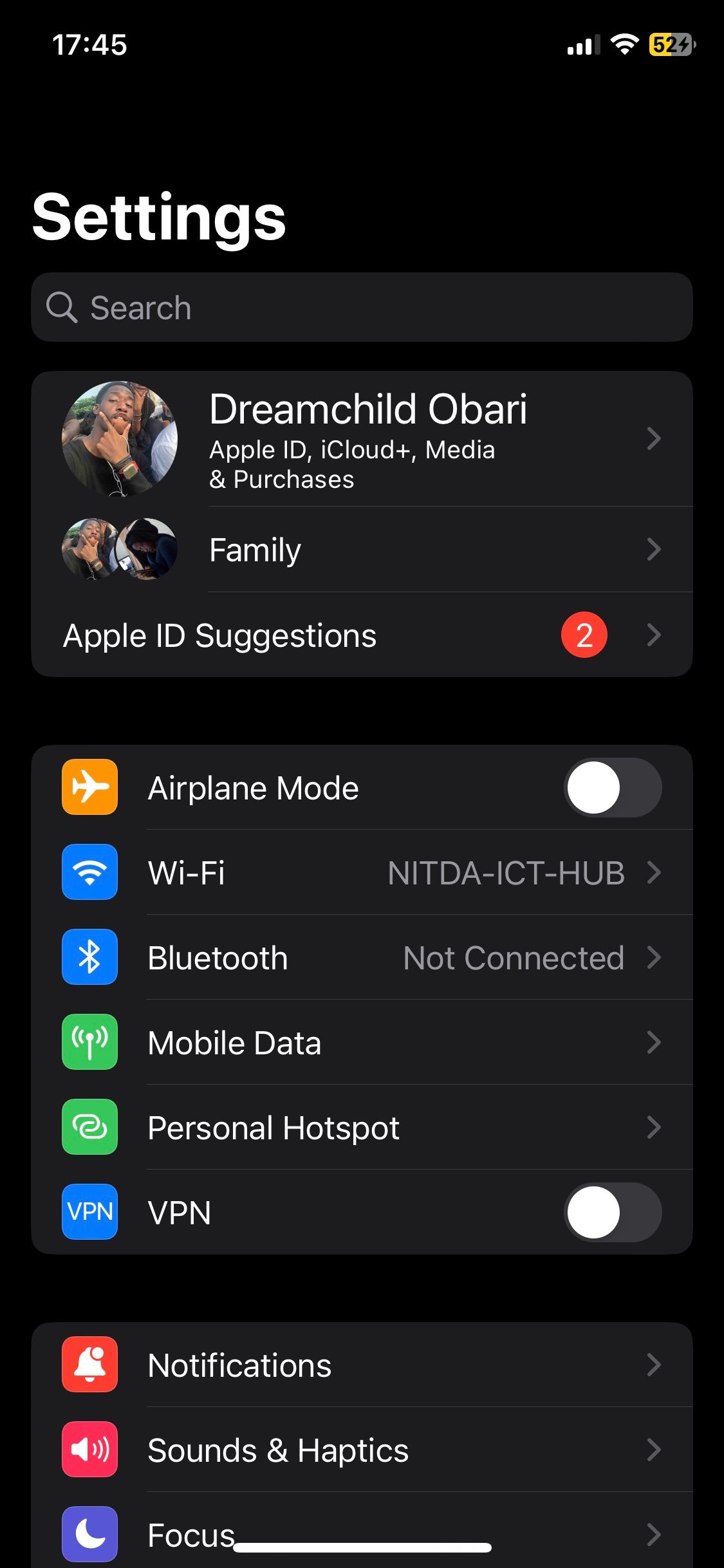 Settings home screen on iOS