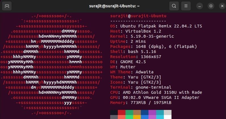 Neofetch running on Ubuntu Flatpak Remix terminal