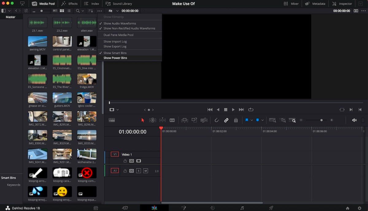 Media Pool on DaVinci Resolve is open with Show Smart Bins checked to enable