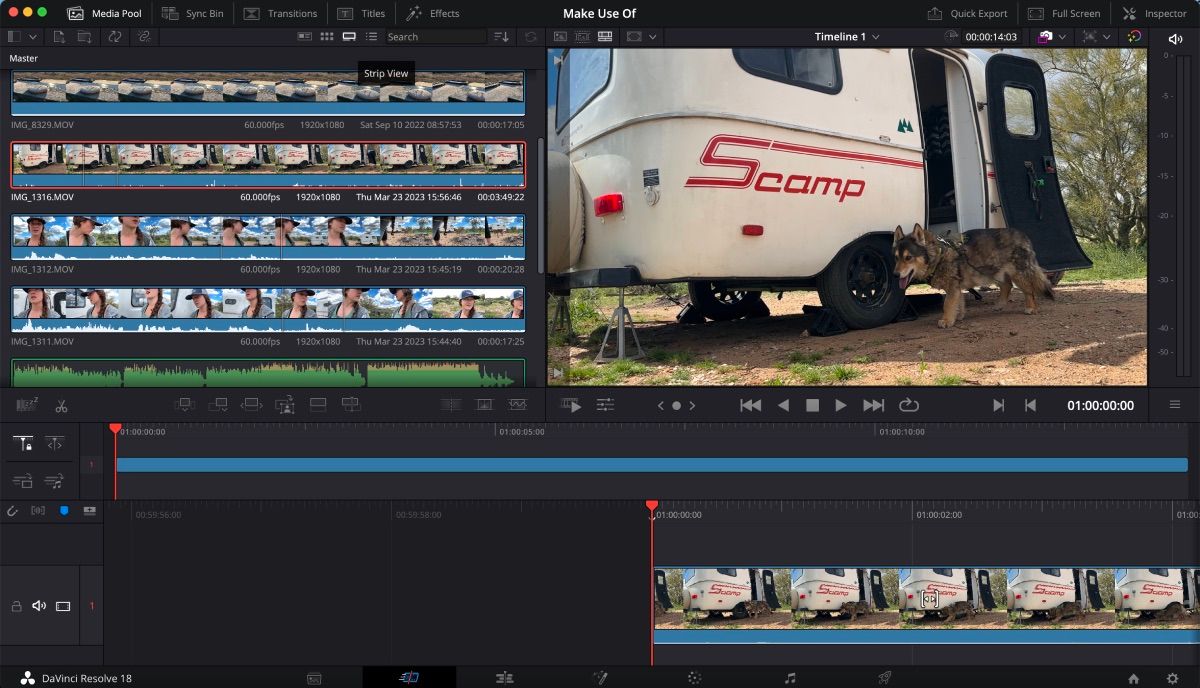 DaVinci Resolve's cut page is open, strip view has been selected, clips appear as filmstrips