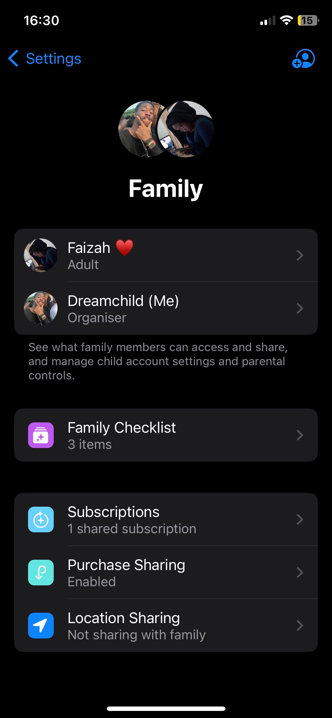 Family menu on iOS 16 Settings