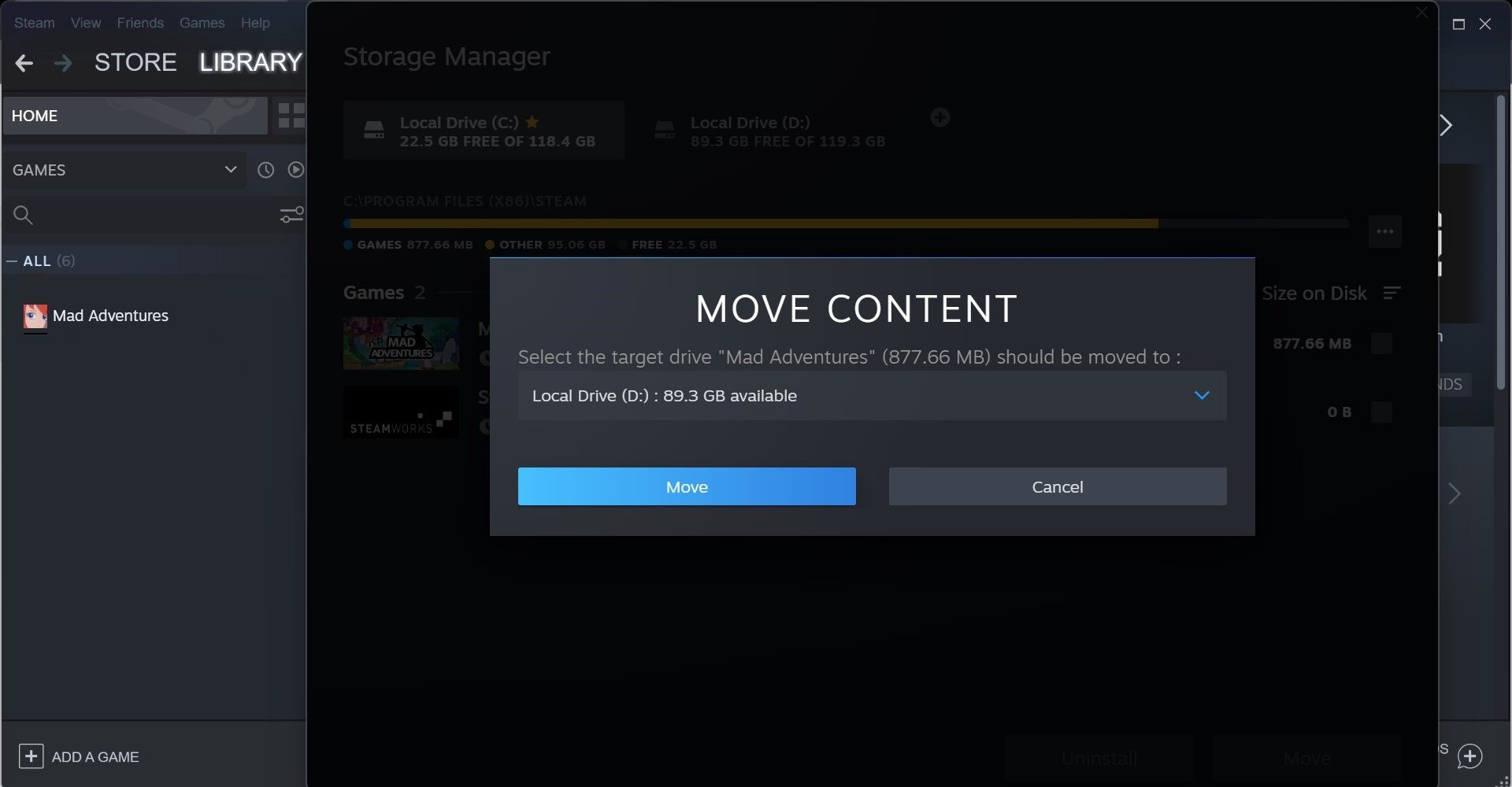 Move the Game to the New Drive in Steam Client