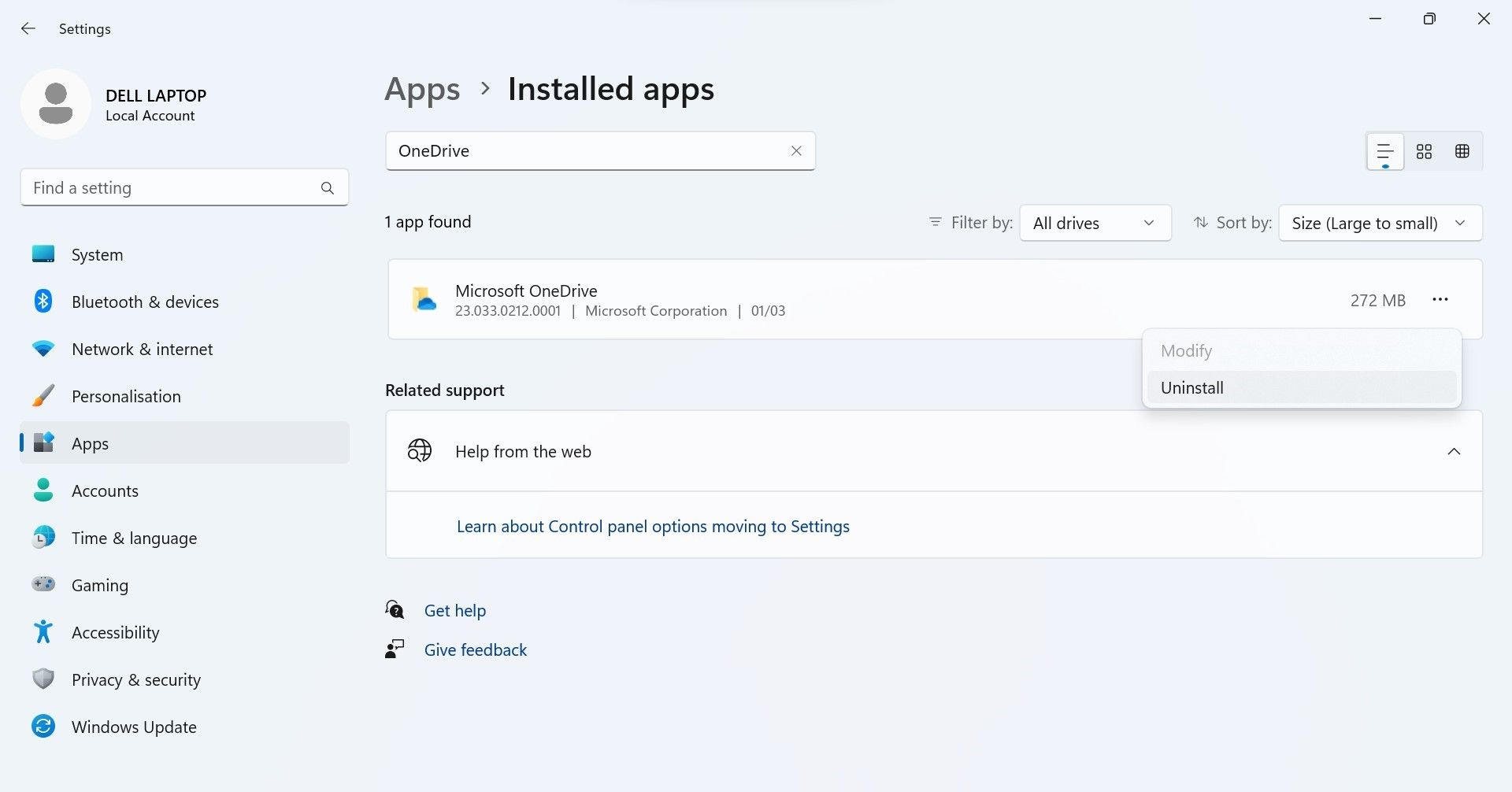Uninstall Microsoft OneDrive in Windows Settings App
